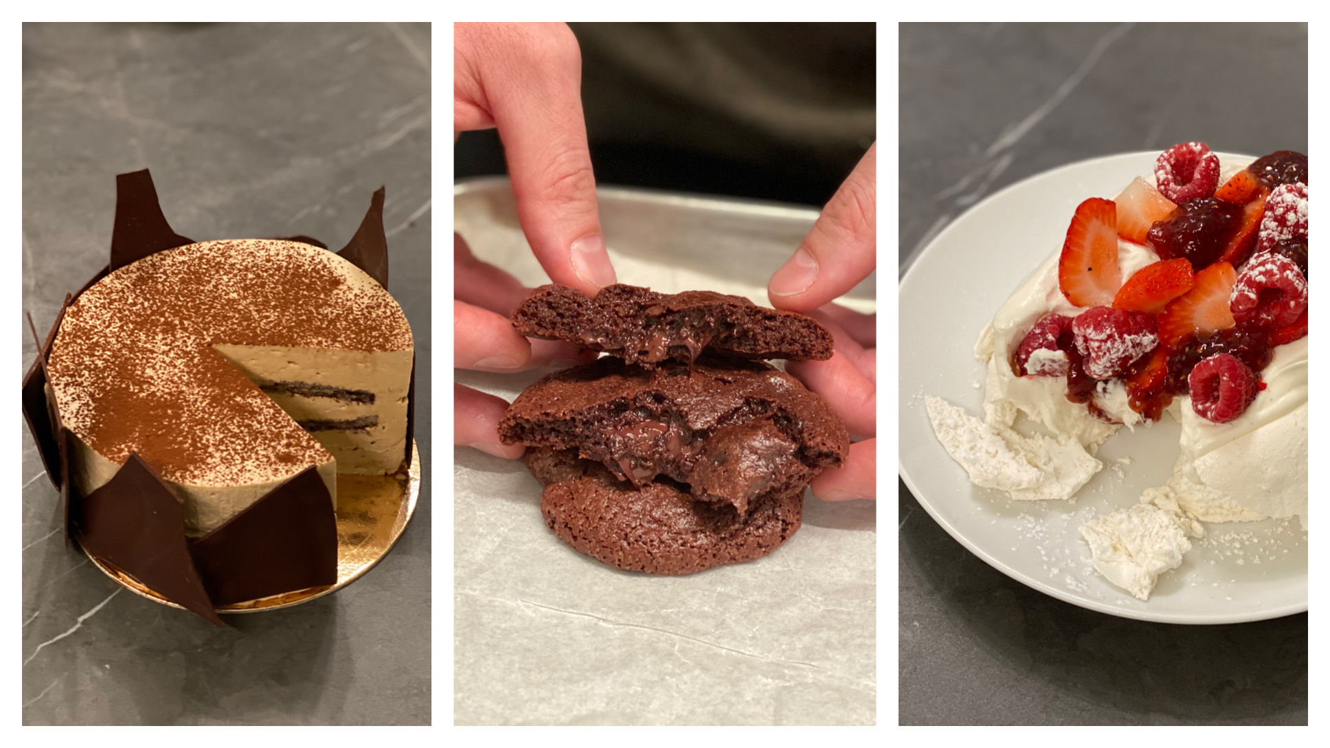 coffee chocolate cake, flourless chocolate cookie,and a strawberry pavlova